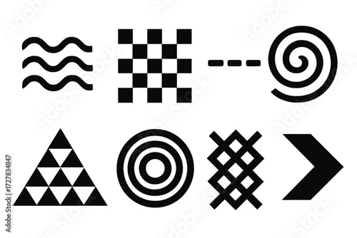 Icon Set. Pattern aesthetics set of icons in abstract flat : wave line, checkerboard grid, dashed line, swirl, triangle pattern, concentric circles,