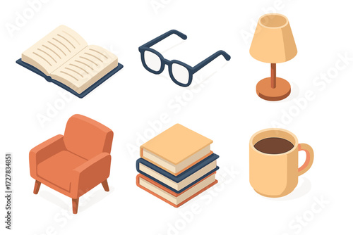 Cozy Reading Icons. Reading spot set icons in modern isometric flat : open book, reading glasses, warm lamp, chair, book stack, coffee mug