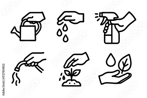 Gardening Hand Gestures. Gestures icons in outline style: hand holding watering can, hand pouring water, hand spraying bottle, hand lifting bucket,