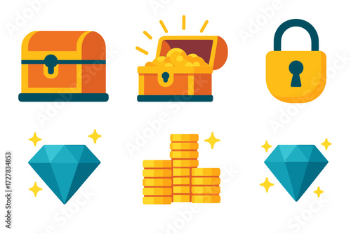 Treasure Icons Collection. Hidden riches in modern flat vector : closed chest, open chest, lock, shining light, diamond, pile of coins