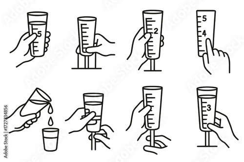 Rain Gauge Hand Actions. Gestures icons in outline style: hand holding rain gauge, hand placing gauge on ground, hand reading measurement, hand