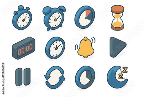Isometric Timer Icons. Timer basics set icons in modern isometric flat : stopwatch, alarm clock, countdown dial, sand hourglass, digital timer, clock