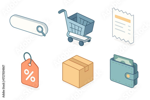 E-commerce Icon Set. E-commerce set icons in modern isometric flat : search bar, shopping cart, receipt, package, discount tag, wallet