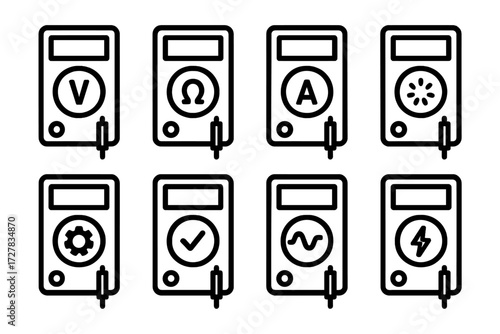 Multimeter Symbols Collection. Symbols icons in outline style: multimeter with voltage symbol, multimeter with ohm symbol, multimeter with current