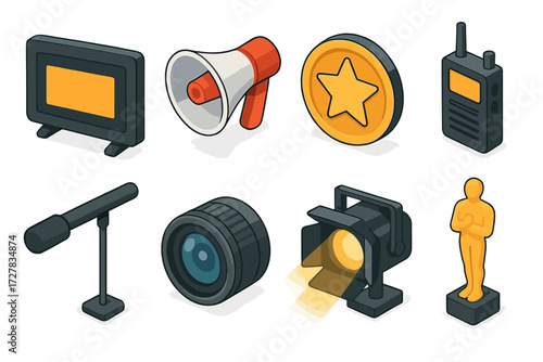 Film Production Icons. Production start set icons in modern isometric flat : opening credits screen, megaphone, star emblem, walkie-talkie, boom mic,