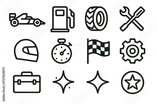 Pit Stop Icons. Basic pit stop icons in outline style: race car, fuel pump, tire, wrench, screwdriver, helmet, stopwatch, flag, gear, toolbox,