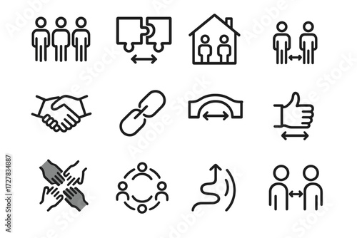 Social Boundaries Icons. Social boundaries icons in outline style: group silhouettes spaced, puzzle pieces apart, community house, handshake with