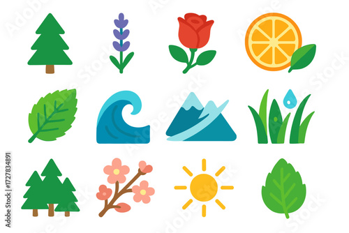 Nature-Inspired Freshness. Nature-inspired scent in modern flat vector : pine tree, lavender sprig, rose, citrus fruit, mint leaf, ocean wave,