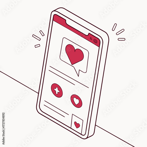 Modern smartphone displaying a social media feed with heart icons symbolizing likes and positive engagement presented in a clean isometric illustration style