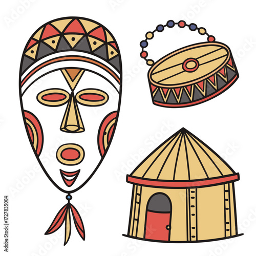 Stylized african tribal mask drum with beaded handle and traditional hut illustration with colorful geometric patterns on a white background
