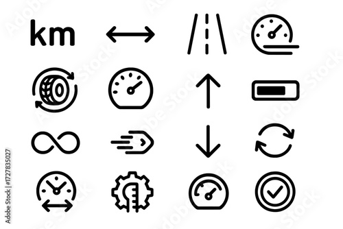 Measurement Symbols Icons. Measurement symbols icons in outline style: km, mi, distance arrows, road line, tire rotation, gauge needle, speed lines,