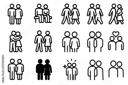 Couple Icons. Pose basics icons in outline style: standing couple, sitting couple, walking couple, dancing couple, hugging couple, hand-holding