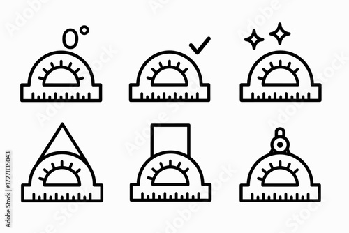 Protractor Icons Collection. Symbols icons in outline style: protractor with degree symbol, protractor with checkmark, protractor with geometry icon,