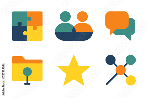 Collaboration Icons. Collaboration values set of icons in abstract flat : puzzle pieces, teamwork icon, conversation bubbles, shared folder, star,
