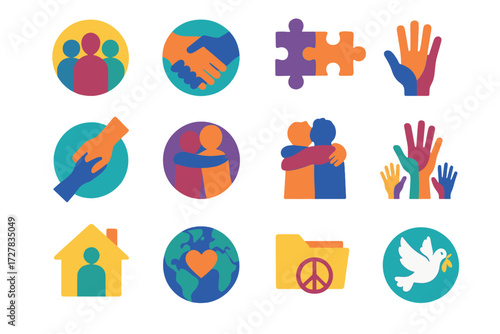 Unity and Diversity Icons. Community meta description in modern flat vector : group silhouettes, unity circle, handshake, puzzle pieces, helping hand,
