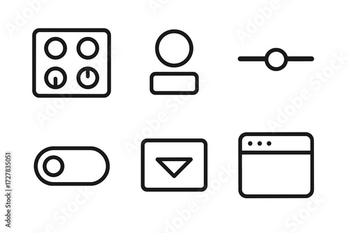 UI Elements Icons. UI elements icons in outline style: control panel, button, slider, toggle, dropdown, app window