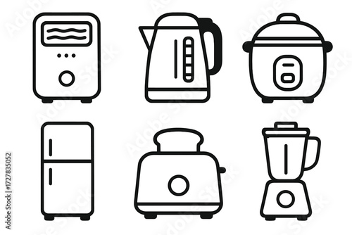 Home Appliance Icons. Home appliance icons in outline style: purifier unit, kettle, rice cooker, refrigerator, toaster, blender
