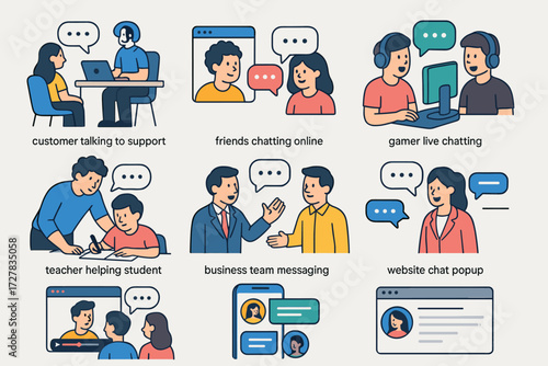 Isometric Chat Interaction Icons. Situations set icons in modern isometric flat : customer talking to support, friends chatting online, gamer live