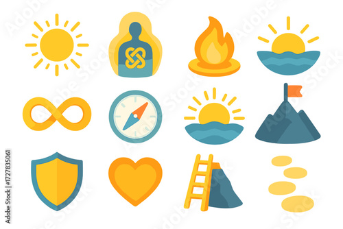 Symbolic Conflict Icons. Symbolic conflict talk set icons in modern isometric flat : radiant sun, glowing aura, harmony knot, infinity loop,