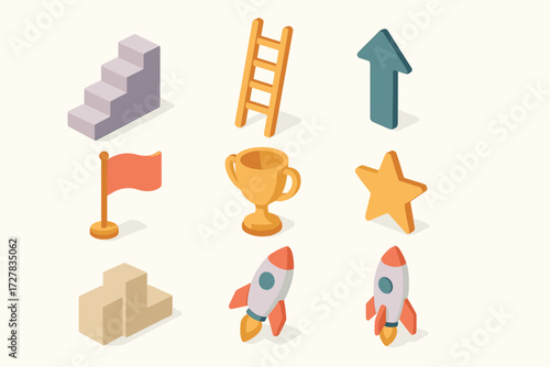 Success Icons Collection. Objects set icons in modern isometric flat : staircase, ladder, upward arrow, flag, trophy, star, podium, rocket
