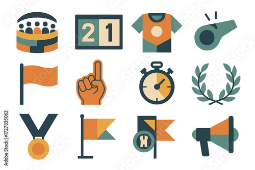 Sports Icon Set. Sports cheering crowd set of icons in abstract flat : stadium, scoreboard, jersey, whistle, flag, foam finger, stopwatch, laurel