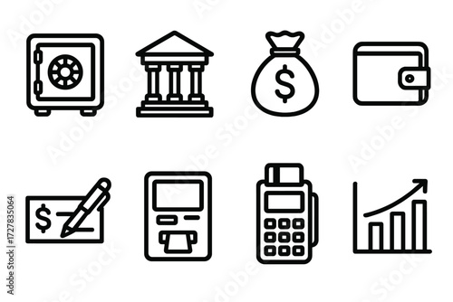 Banking Essentials Icons. Banking essentials icons in outline style: safe box, bank building, money bag, wallet, checkbook, ATM machine, card reader,