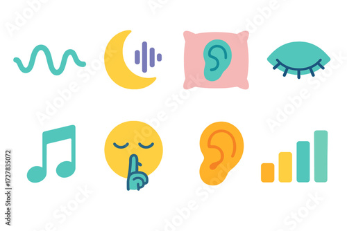 Serene Sound Icons. Calm audio icons in modern flat vector : soft wave, moon with sound wave, pillow with ear, closed eye with line, tranquil music