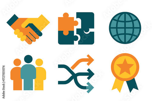 Partnership Icons. Partnership set of icons in abstract flat : handshake, puzzle pieces, globe, teamwork group, flow arrows, star badge