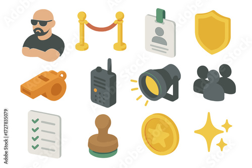 Bouncer Essentials Icons. Basic bouncer set icons in modern isometric flat : security guard, rope barrier, ID card, shield, whistle, walkie-talkie,