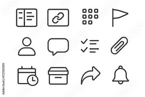 Content Board Icons. Content link board icons in outline style: kanban column, link card, drag handle, priority flag, user avatar, comment bubble,