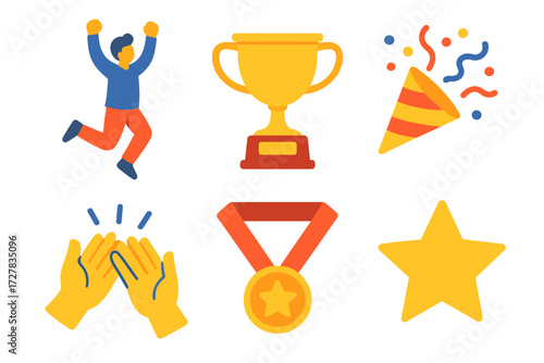 Vibrant Victory Icons. Celebration in modern flat vector : victory leap, trophy, confetti, clapping hands, medal, star