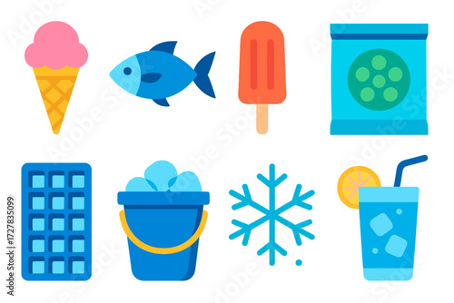 Vibrant Frozen Icons. Frozen goods set in modern flat vector : ice cream cone, frozen fish, popsicle, frozen peas bag, ice tray, ice bucket, snowflake