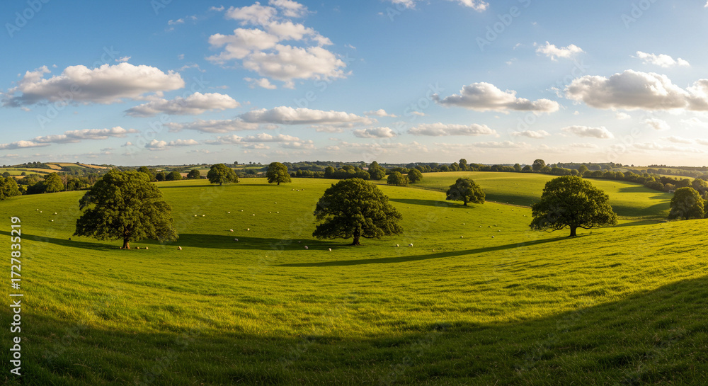 Fototapeta premium Rolling meadow with scattered oak trees