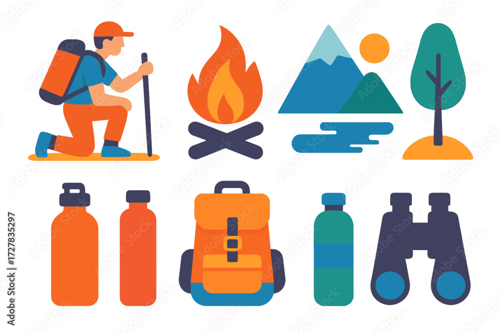 Fototapeta premium Outdoor Adventure Icons. Outdoor action in modern flat vector : kneeling down, hiking stick, backpack, campfire, mountain, tree, water bottle,