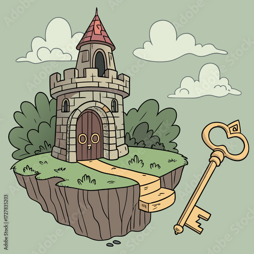 Whimsical cartoon illustration of a stone tower on a floating island with a large golden key nearby and fluffy clouds in the sky