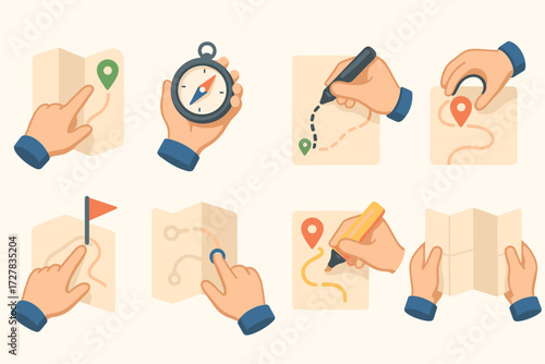 Hands Navigating Journey. Gestures set icons in modern isometric flat : hand pointing at map, hand holding compass, hand drawing path, hand circling