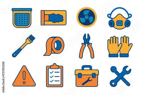 Dryer Maintenance Tools. Dryer maintenance in modern flat vector : lint trap, clogged vent, airflow fan, safety mask, cleaning brush, duct tape,