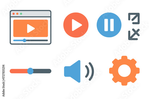 Minimal Web Media Icons. Web media in modern flat vector : video embed, play button, pause button, fullscreen icon, timeline bar, volume control,
