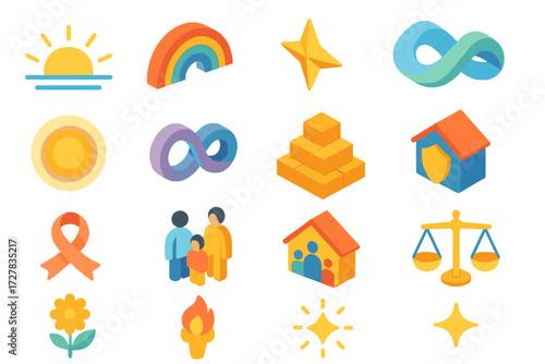 Isometric Icon Harmony. Themes & vibes set icons in modern isometric flat : sunrise horizon, rainbow arc, guiding star, harmony wave, glowing aura,