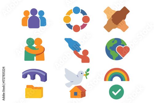 Community Harmony Icons. Community conflict talk set icons in modern isometric flat : group silhouettes, unity circle, diversity hands, supportive hug
