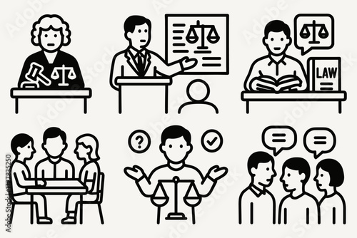 Legal Scenes Icons. Situations icons in outline style: judge in courtroom, lawyer presenting case, student studying law, jury deliberating, mediator