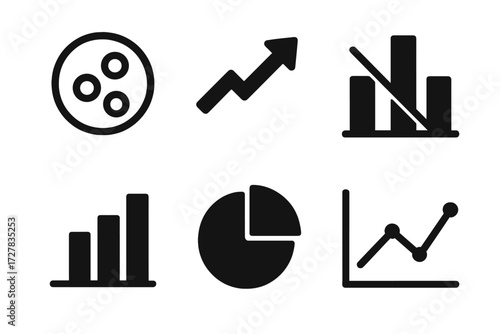 Stock Market Icons. Stock trends icons in outline style: financial bubble, upward arrow, downward arrow, bar chart, pie chart, line graph
