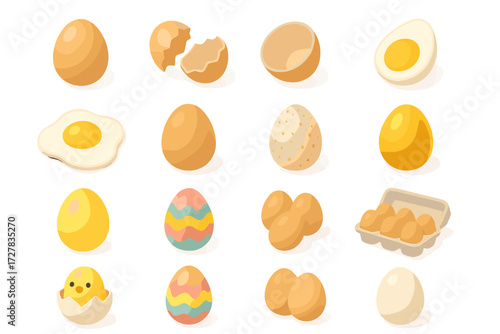 Egg Icon Collection. Egg variations set icons in modern isometric flat : whole egg, cracked egg, half shell, boiled egg, fried egg, brown egg, white