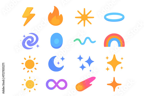 Modern Isometric Effect Icons. Vibes and effects set icons in modern isometric flat : lightning bolt, fire flame, spark burst, neon glow, galaxy swirl