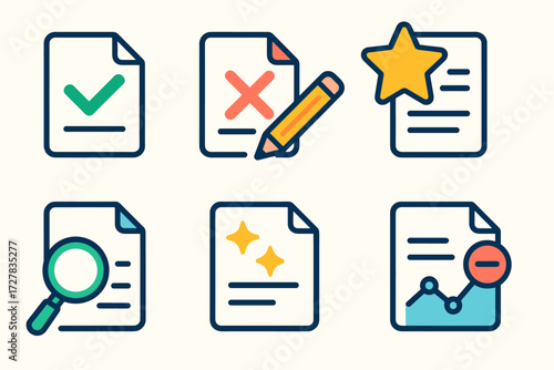 Modern Symbolic Icons. Symbols in modern flat vector : sheet with checkmark, sheet with cross, star with document, pencil with rays, magnifier with
