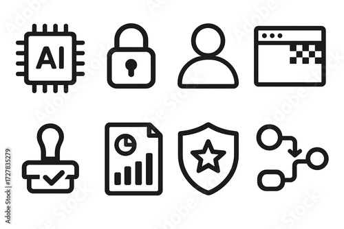 Tech Security Icons. Trustworthy technology icons in outline style: AI chip, lock, user avatar, transparency window, approval stamp, report chart,