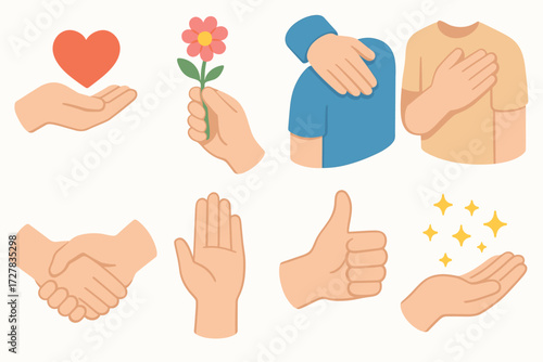 Isometric Hand Gestures. Gestures set icons in modern isometric flat : hand offering heart, hand holding flower, hand patting back, hand over heart,