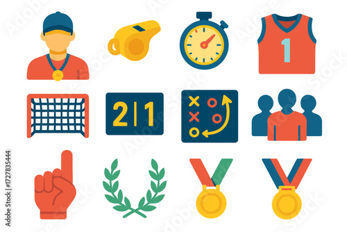 Sports Strategy Icons. Sports strategy board in modern flat vector : coach figure, whistle, stopwatch, jersey, goal net, scoreboard, play diagram,