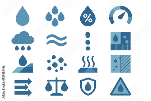 Humidity Icons Set. Humidity symbols set of icons in abstract flat : droplet, cluster of droplets, water percentage, humidity gauge, cloud with drops