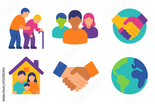 Community Support Icons. Community support in modern flat vector : caregiver, group avatars, unity circle, partnership hands, family group, home,